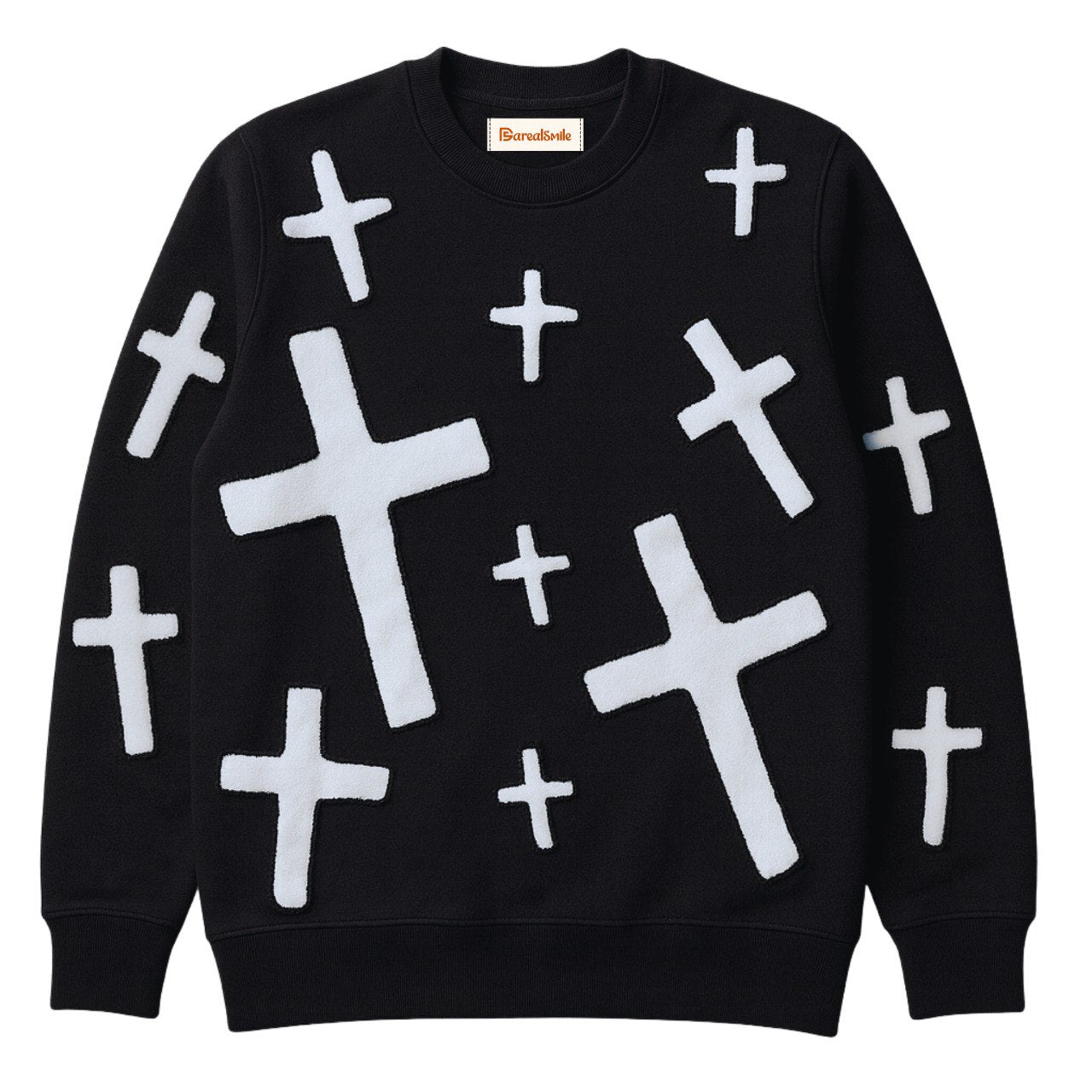 Black gravity sweatshirt with white cross patterns on a white background