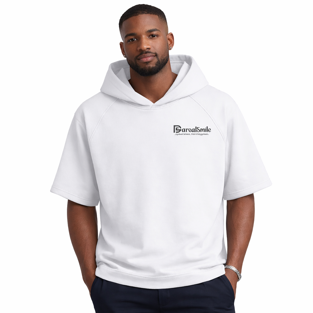 Man wearing a white hoodie with a darealsmile logo on a white background